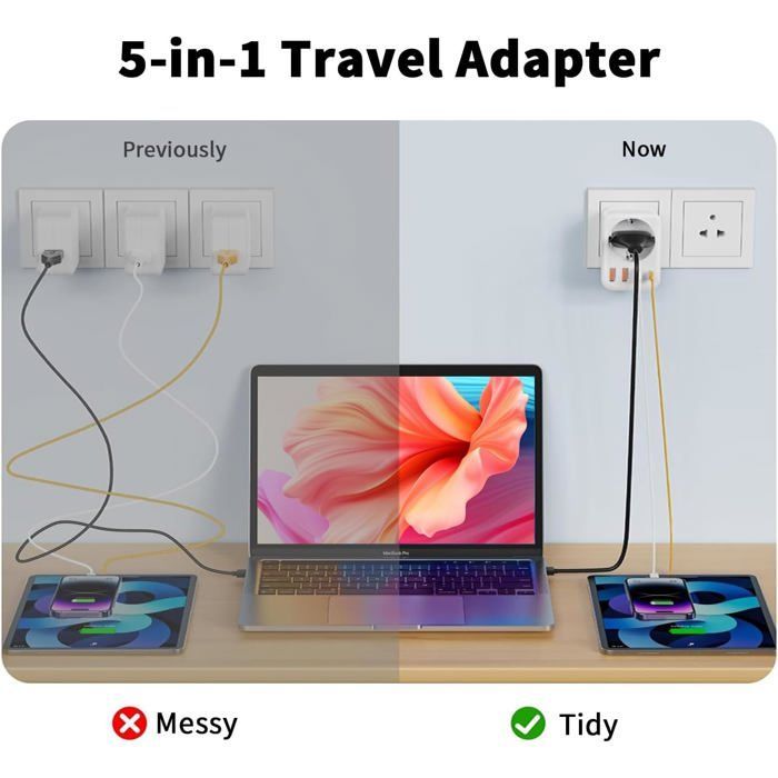 Adaptador de viaje 5 en 1 para Italia, con 1 enchufe de CA, 2 puertos USB-C y 2 puertos USB-A (3,4 A), enchufe de viaje de 3 clavijas.