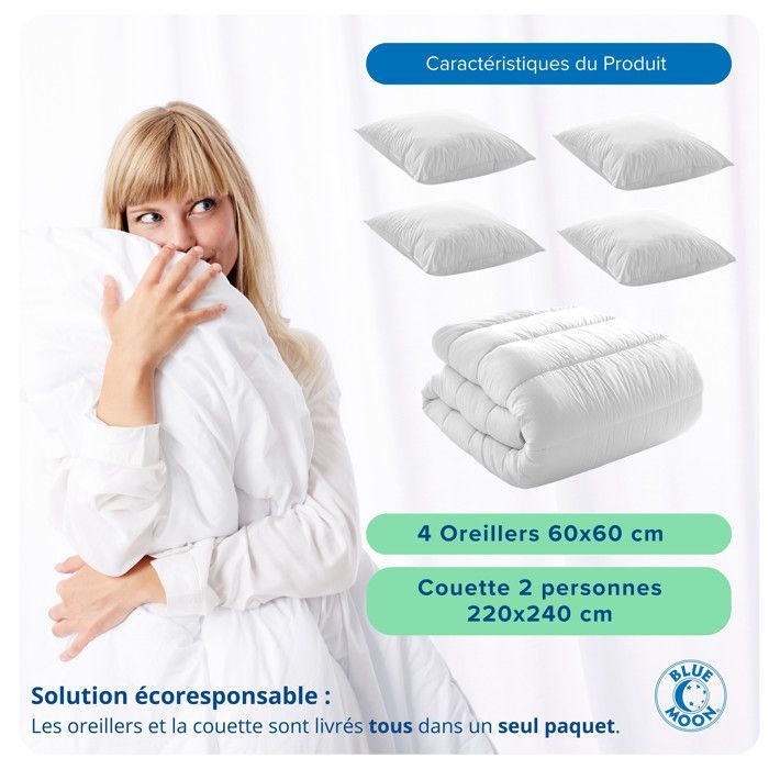 Pacchetto invernale: piumone Blue Moon (220x240 cm) e 4 cuscini (60x60 cm) - 550 g/m² - Comfort ipoallergenico - Prodotto in Belgio