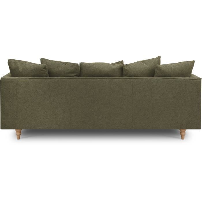 Canapé fixe 4 places CONSTANCE - Tissu vert - Pied en bois massif - L 212 x H 87 x P 93 cm