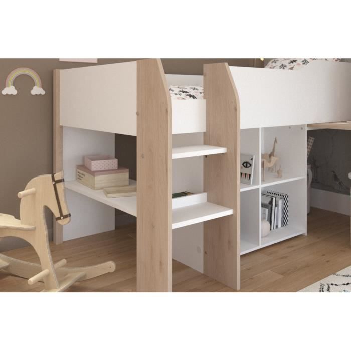 Cama infantil combinada con escritorio retráctil - PARISOT - LIAM - Blanco y roble - Base de láminas incluida - 90x200 cm
