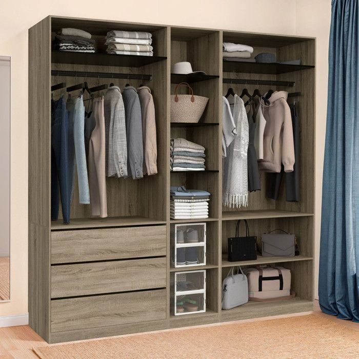 IDMARKET TAYLOR modular wardrobe 200 x 55 x 200 cm, 3 modules with hanging rails + shelves + drawers, beech and black