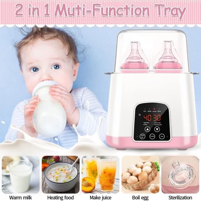 Draagbare 6-in-1 babyflesverwarmer, multifunctionele sterilisator met lcd-display en snelle verwarming, roze