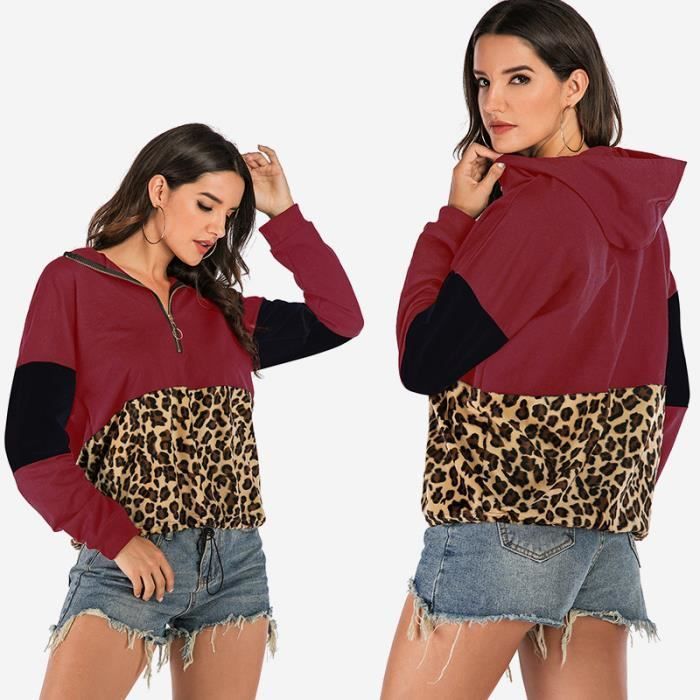 Blusa de moletom feminina com capuz e mangas compridas, estampa de leopardo, modelo pulôver com zíper frontal até a metade, vermelha.