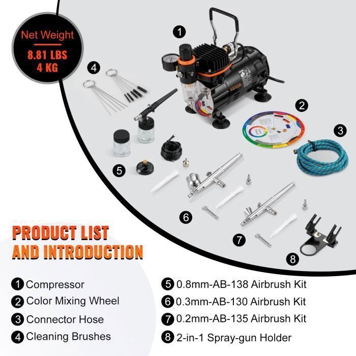 Compressore per aerografo - VEVOR - Kit aerografo completo a doppia azione per unghie e tatuaggi