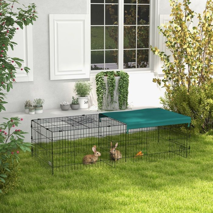 Parc enclos modulable PawHut acier avec bache pour lapins rongeurs petits animaux intérieur extérieur 185L x 75l x 50H cm vert