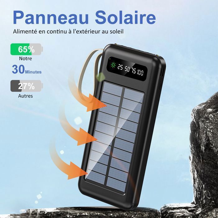 Cargador solar Power Bank de 20000 mAh con 4 cables integrados, 6 salidas y 3 entradas, pantalla LED y lámpara.