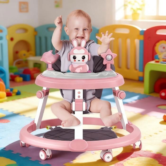 FLASIDU Multifunctionele Babyloopstoel - Met Muziekschijf - 6-18 maanden - 7 Verstelbare Hoogtes - Roze - Hoogte 52 cm
