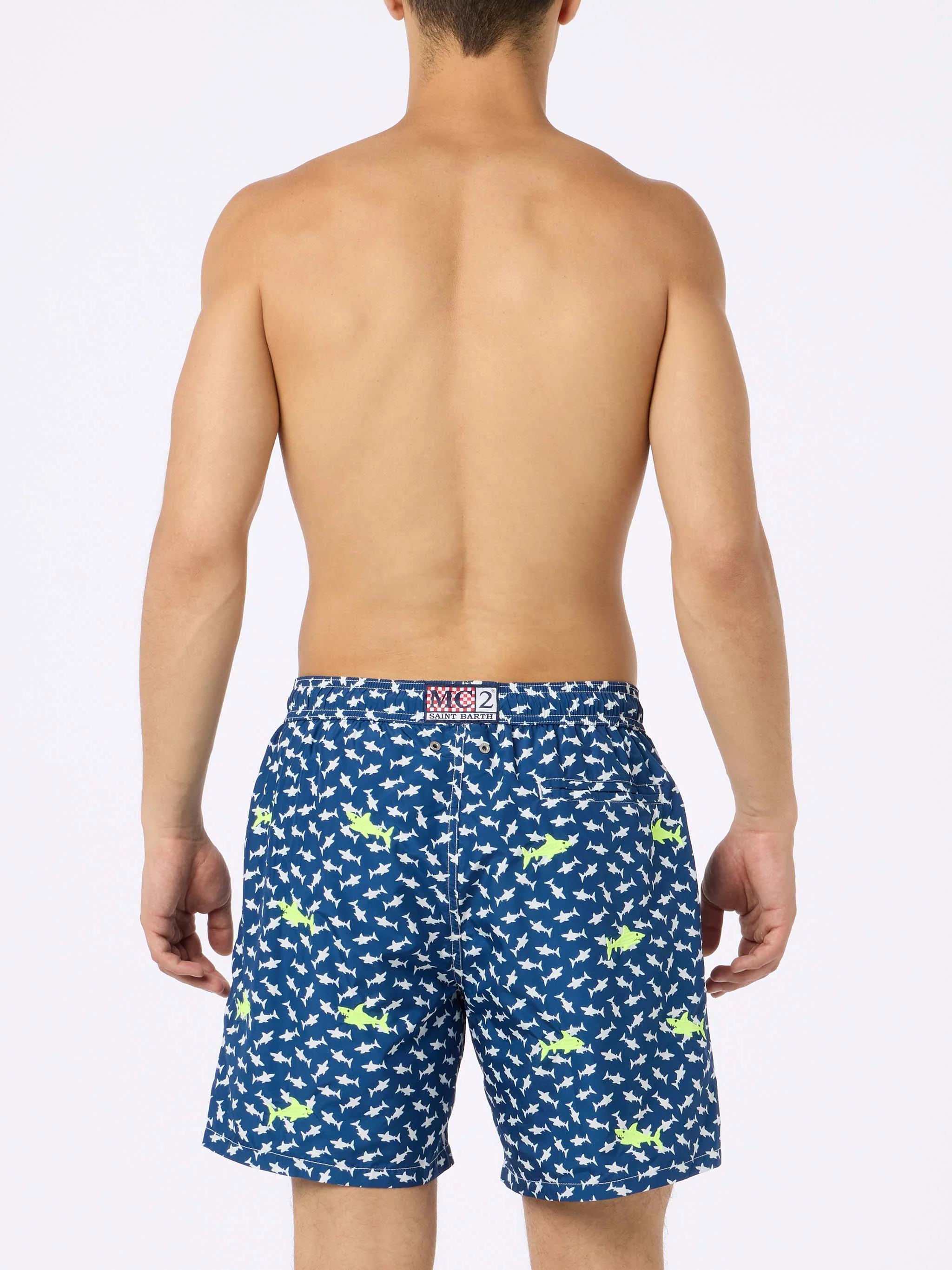 Men's Lighting Embroidery Swim Shorts | Fluo Yellow Sharks on Navy | Quick-Drying & Sustainable | Saint Barth