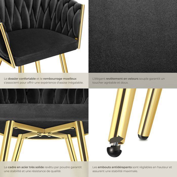 Chaises - TECTAKE - Lot de 2 fauteuils de salle à manger ASTANO en velours design noué avec pieds fin en acier - Noir/Or