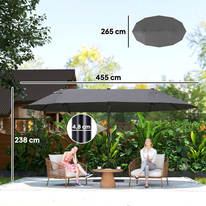 Ombrellone da giardino XXL - Outsunny - Grande formato con base a croce, meccanismo di apertura e chiusura a manovella - Acciaio e poliestere - Grigio