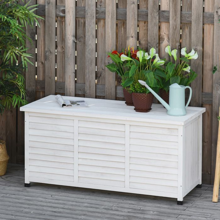 Caja de almacenamiento exterior Outsunny - 283 L - pequeñas aberturas en la parte inferior - 2 cadenas - madera - 127 x 56 x 60 cm - blanco