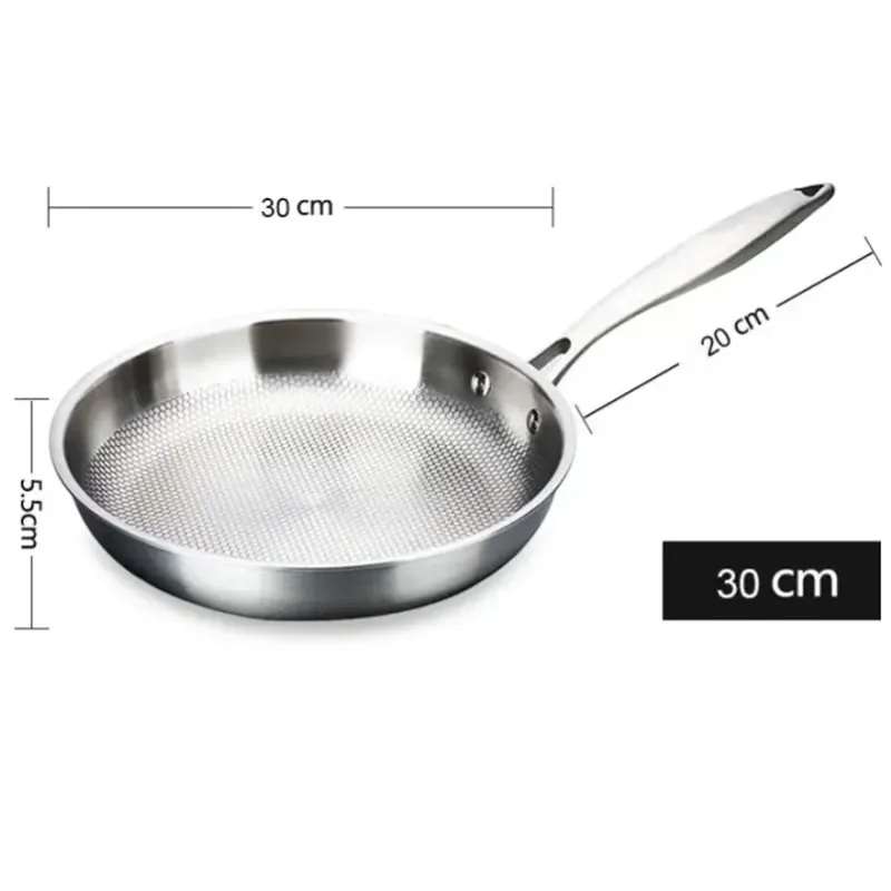 Poêle à frire 28/30 cm en acier inoxydable 304, antiadhésive, sans revêtement, idéale pour les œufs, les steaks et autres préparations. Compatible avec les plaques à gaz et à induction.