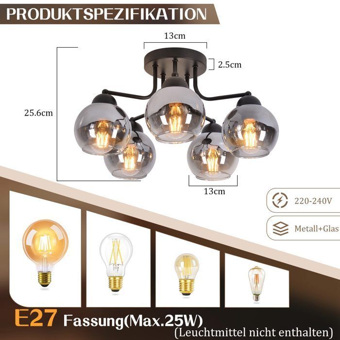 Ceiling light - NETTLIFE - 35cm smoked glass ceiling light - 5xE27 - Black finish - Vintage-modern style