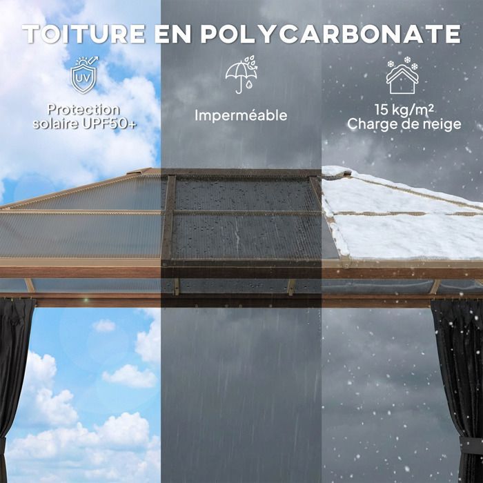 Garden gazebo - outdoor pavilion - Outsunny - wood-look rigid polycarbonate roof UV50+ - aluminum - 398x298x262cm - natural