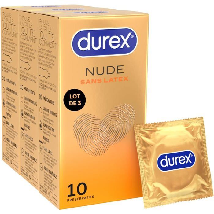 Durex - Lot de 30 Préservatifs Nude Sans Latex - Taille Standard - Convient aux personnes allergiques au latex - 3x10 pièces