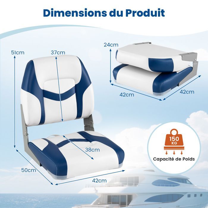 Asiento plegable de 2 piezas para barco COSTWAY con respaldo y 4 tornillos, impermeable, para barco de pesca o kayak, 42 x 49 x 51 cm, azul