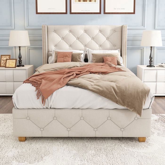 Cama individual tapizada - TKOPY - Cama infantil de 90x200 cm, cama juvenil con somier de láminas, lino beige