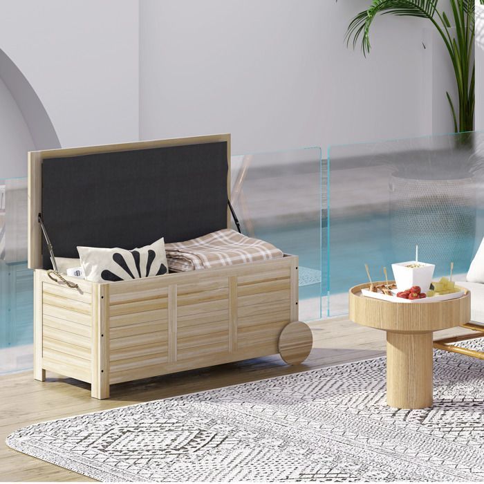 Caja de almacenamiento exterior Outsunny - 185 L - con ruedas y revestimiento interior - de madera - 110 x 50 x 50 cm - madera natural