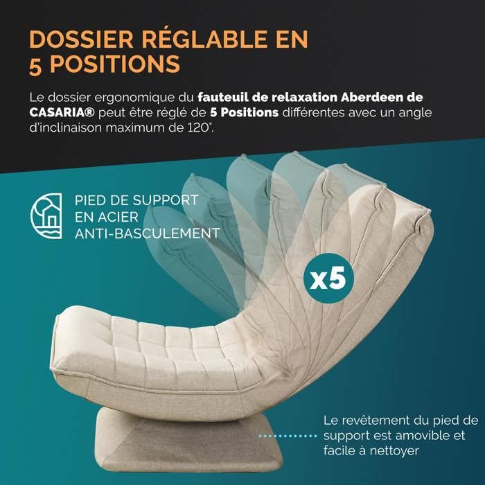 CASARIA® Fauteuil tout confort pivotant à 360° Crème capacité de charge de 150kg siège de gaming 58x57x84/87cm relaxation