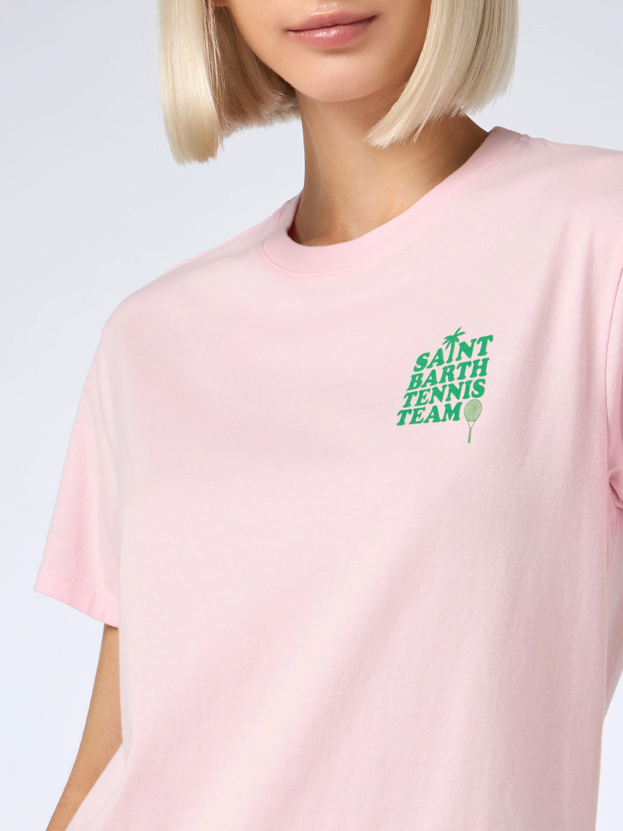 Roze katoenen T-shirt met print van het St Barth tennisteam.