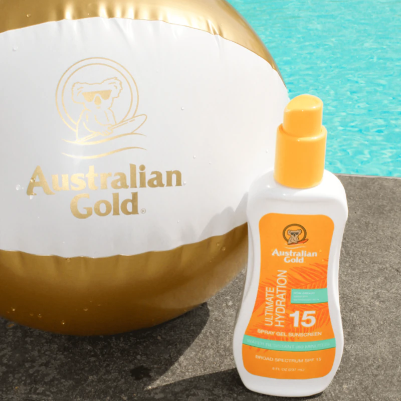 Protetor solar em gel spray Australian Gold com proteção solar.