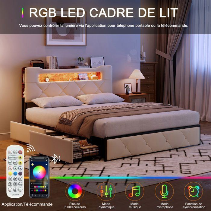 Chambre complete adulte,sommier 160x200,lit deux place,Lit coffre 160x200,lit led 160 x 200,USB,Rangement,LED,4 Tiroir,Velours,Beige