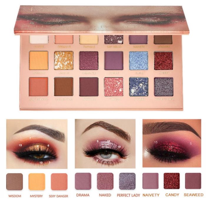 Palette de fards à paupières 18 couleurs, haute pigmentation, teintes nude, mates, pailletées, effet smoky.