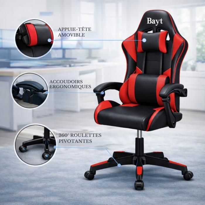 Bayt Chaise Gaming Ergonomique - Accoudoirs Réglables - Hauteur Ajustable - Dossier Inclinable - Noir