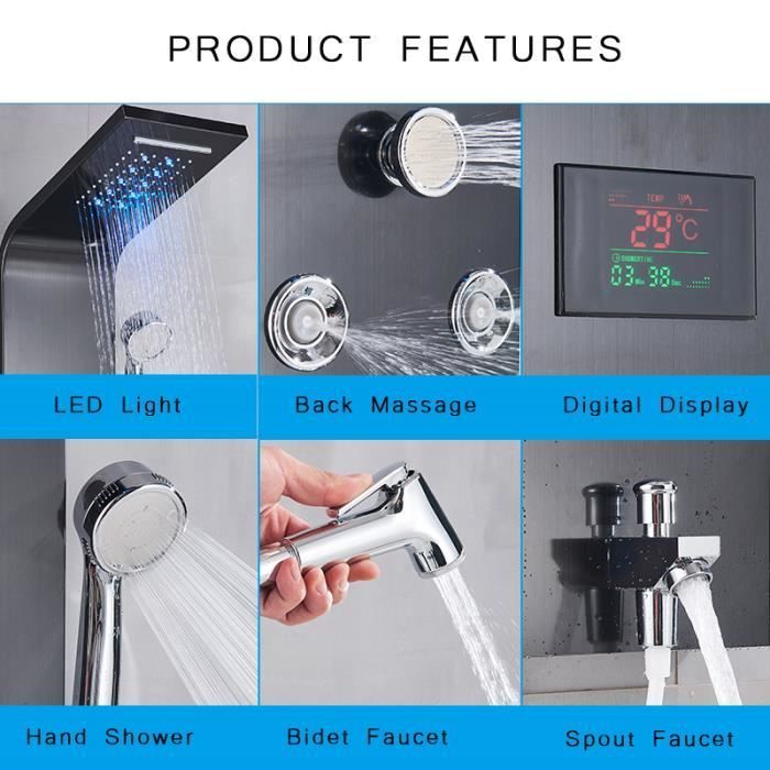 Columna de ducha de hidromasaje JULLYBATHEVY - Chorro de masaje SPA - Luz LED - Panel de ducha de 6 funciones - NEGRO