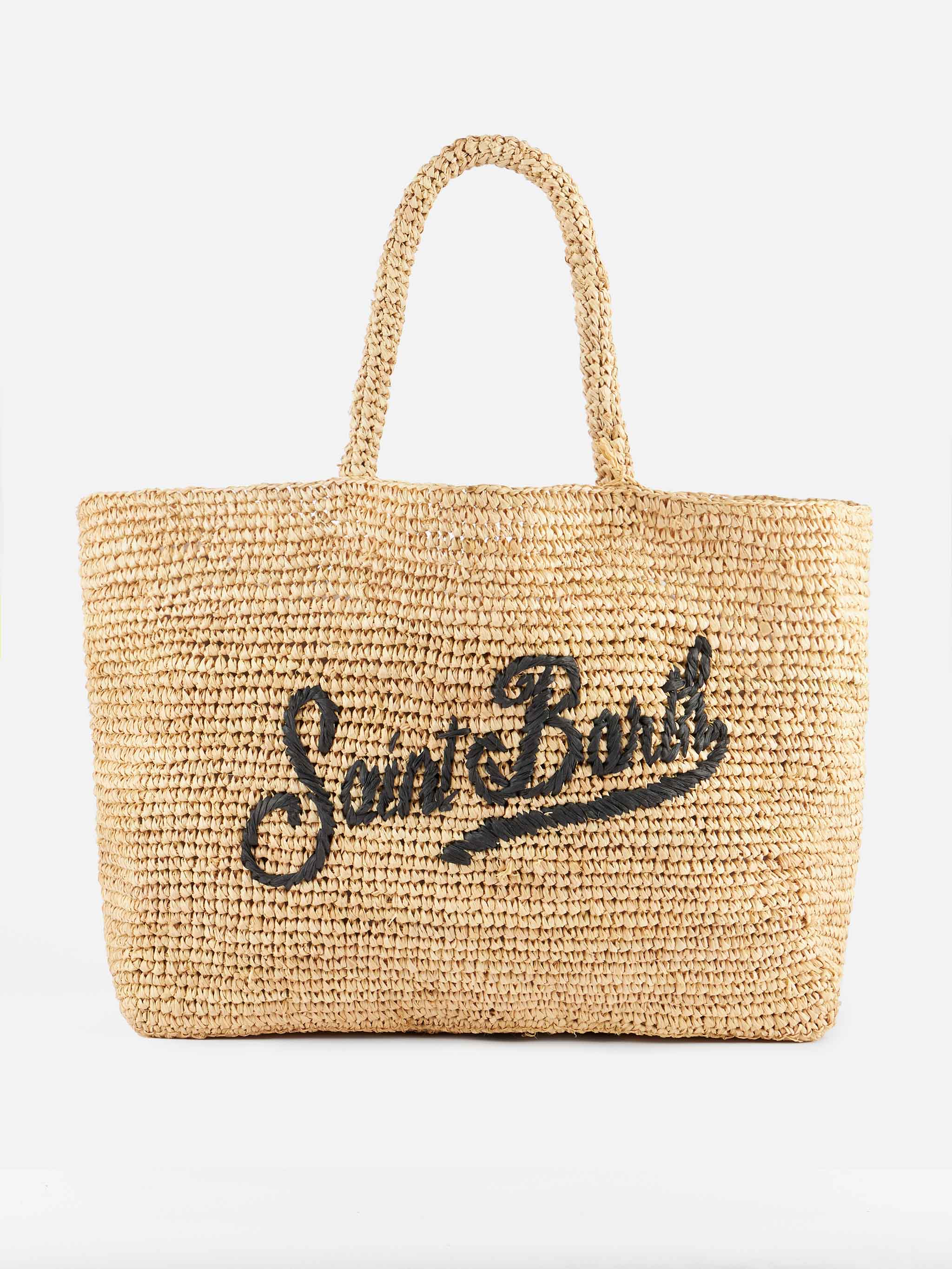 Raffia strandtas met afneembaar katoenen etui - Natuurlijke beige tas met logo-borduurwerk | MC2 Saint Barth