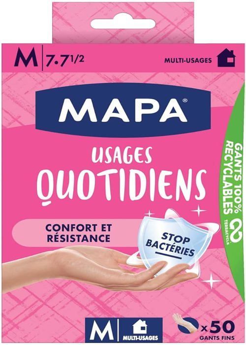 MAPA - Uso diario - Guantes de vinilo finos, sin polvo, para el hogar - Cómodos - Caja de 50 guantes - Talla M