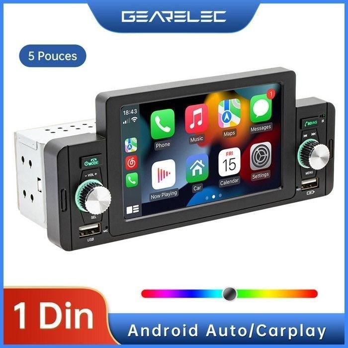 Radio para coche GEARELEC de 5 pulgadas con Bluetooth y formato 1DIN: compatible con CarPlay y Android Auto.