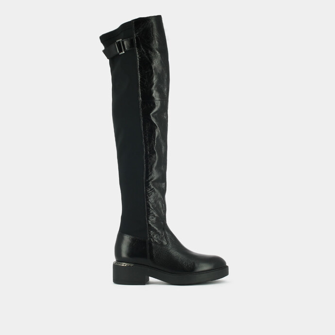 Bottes bi-matières et boucles  en cuir et stretch noir