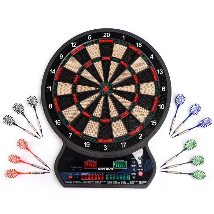 METEOR Elektronisch Dartbord - 27 Spellen - 8 Spelers - 4 LED's - inclusief Darts - Zwart