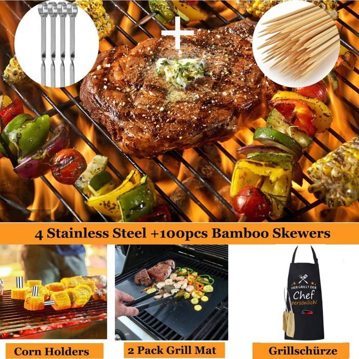 Kit Accessoires Barbecue,21PC Ustensiles Barbecue INOX,Cadeau pour Homme Papa,Professionnels Kit BBQ Ustensile,Outils Barbecue