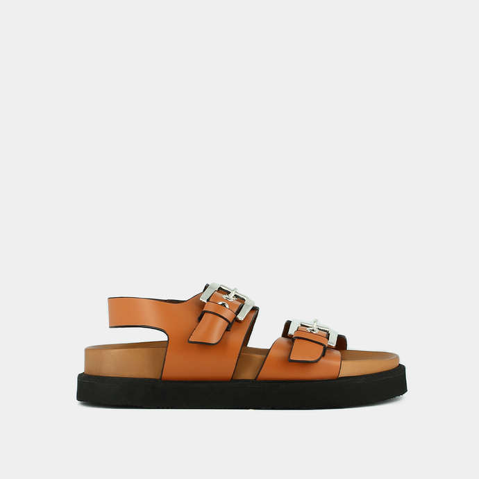Sandales à doubles boucles  en cuir glacé cognac