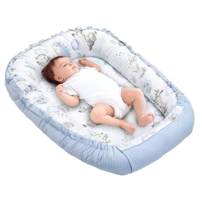 Baby Bed Reducer - Baby Reducer 100x60x15cm Cocoon and Newborn Moses Basket Nest 100% (Deer and hedgehog with light blue waffle pattern)