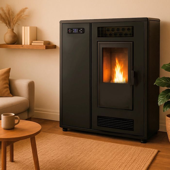 Estufa de pellets Sannover Air Slim Astral de 12,2 kW, color negro.