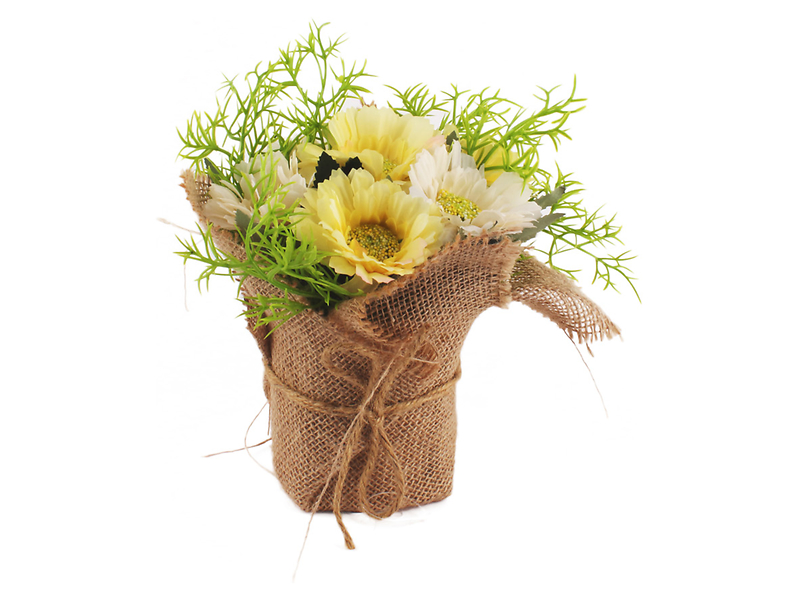 Sztuczny bukiet wiosenny w jucie 19 cm żółty