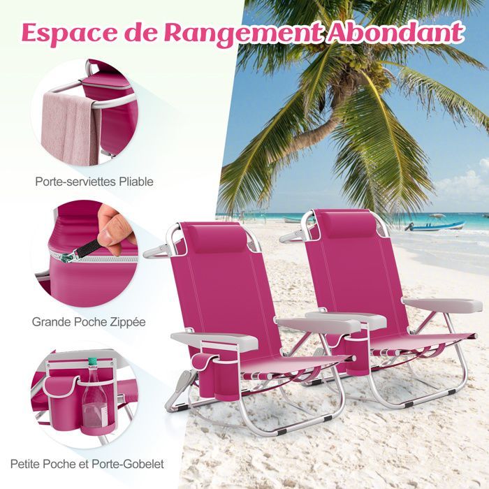Set of 2 COSTWAY Folding Camping Chairs, 5 Adjustable Positions, Headrest, Side Pockets, Towel Holder, Straps, Pink