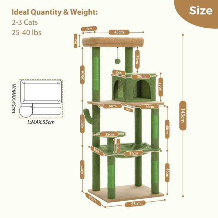 PAWZ Road Krabpaal, Ruim Ontwerp, Grote, Stevige Hangmat met Hangmat en Mooi Kattenhuis - Groene Cactus - 143 cm