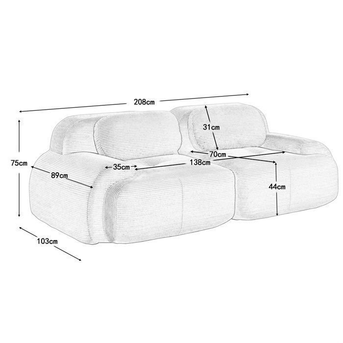 DRIPEX Loveseat 208cm 2-zitsbank in corduroy, modulaire bank met gebogen armleuningen en antislipvoet, groen