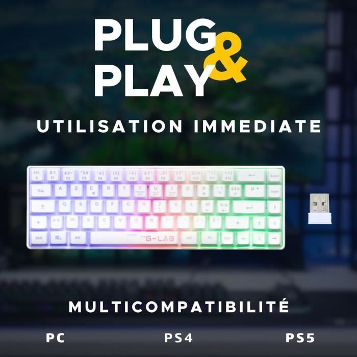 Clavier Gamer - Membrane - The G-Lab - KEYZ HYDROGEN WL - Rétroélairage arc-en-ciel - Sans fil - Semi mécanqiue - Azerty - Blanc
