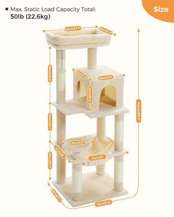 PAWZ Road Cat Tree, Spacious Design, Large, Sturdy Hammock with Hammock and Beautiful Cat House - Beige - 143 cm