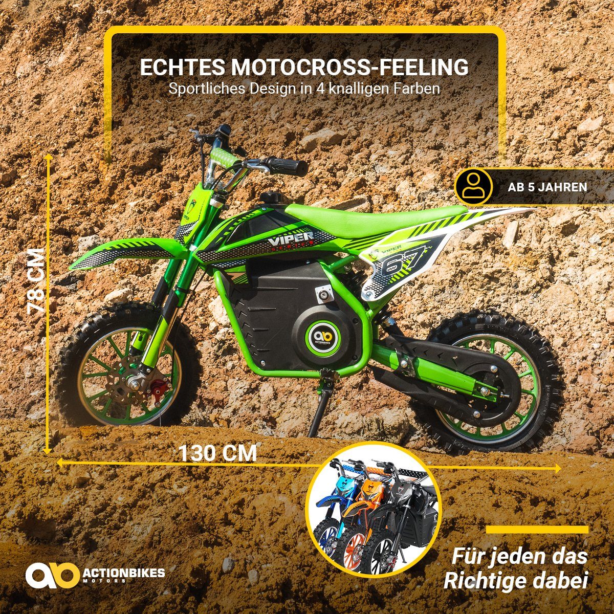 Actionbikes Motors elektrisches Kindermotorrad Viper 1000 W – 3 Stufen – bis zu 25 km/h, Tragkraft 60 kg, (1 Stück), Mini-Dirtbike, elektrisches Minicross-Pitbike, Pocketbike ab 5 Jahren