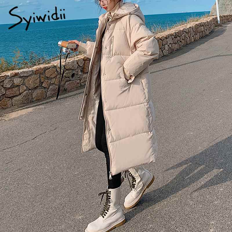 Syiwidii Giacca lunga invernale da donna, elegante, oversize, ampia, parka 2021, capospalla alla moda con cappuccio, nero, beige