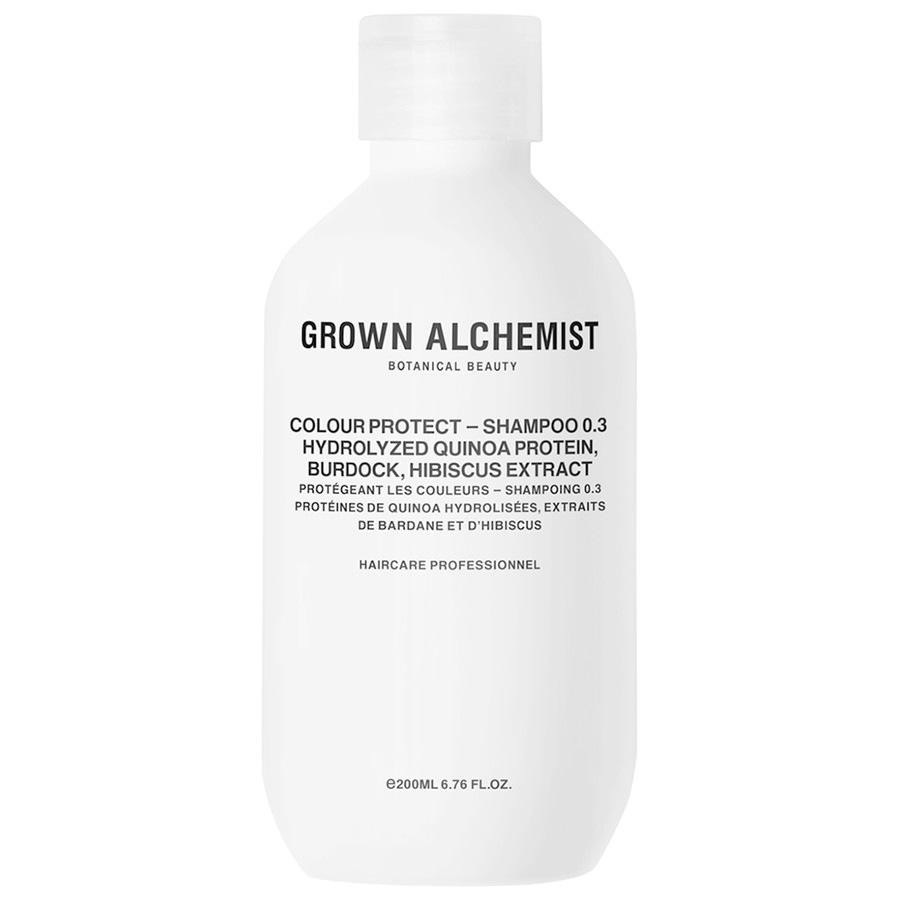 Grown Alchemist matu šampūns krāsas aizsardzībai 0,3% hidrolizēts kvinojas proteīns, dadzis, hibiska ekstrakts – 200 ml