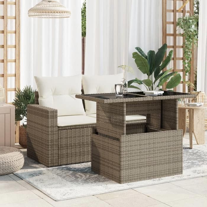 vidaXL Table de jardin dessus en verre gris 100x55x73cm résine tressée, table d'extérieur, table, table à manger 366121