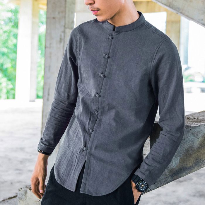 Blusa Tang de Kung Fu para hombre - FUNMOON - Lino de manga 3/4 - Azul claro - Cuello mandarín