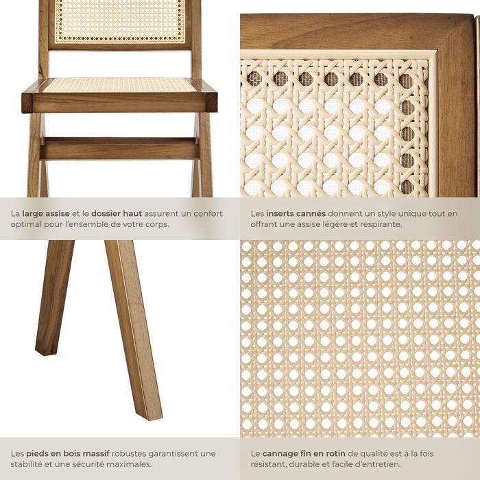 Houten stoelen - TECTAKE - Set van 2 LISSY fauteuils met Weense rieten zitting in boho-design hout, 48,5 x 53,5 x 83 cm - Licht eikenhout